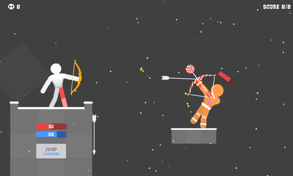 Gameplay screenshot of Ragdoll Archers showing stick figure shooting arrows with physics effects