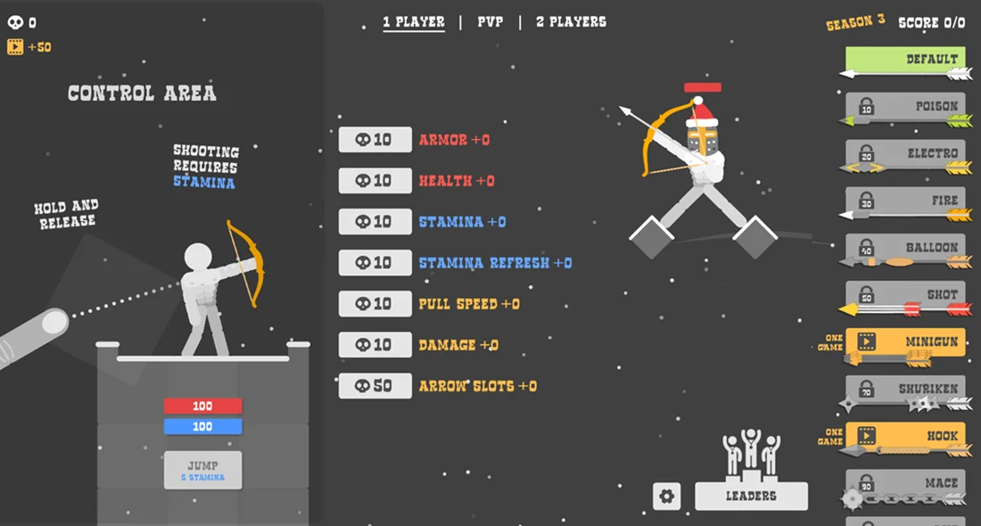 Ragdoll Archers main game interface showing stick figure archers and game controls